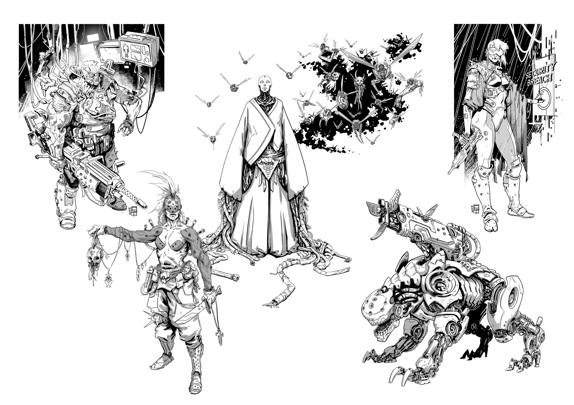 A showcase of gritty, black-and-white concept art illustrations featuring varied cyberpunk characters, including a heavily armed cyborg, a robed figure with drones, a tactical operative, a weaponized robot canine, and a wasteland warrior.