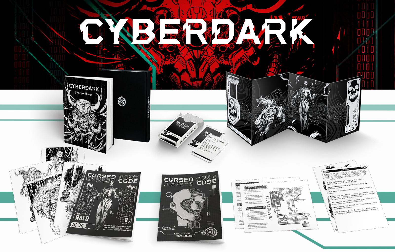 A promotional spread of physical products for the 'CYBERDARK' tabletop game, featuring books, a card deck, a GM screen, and adventure booklets with a dark, black-and-white cyberpunk aesthetic.