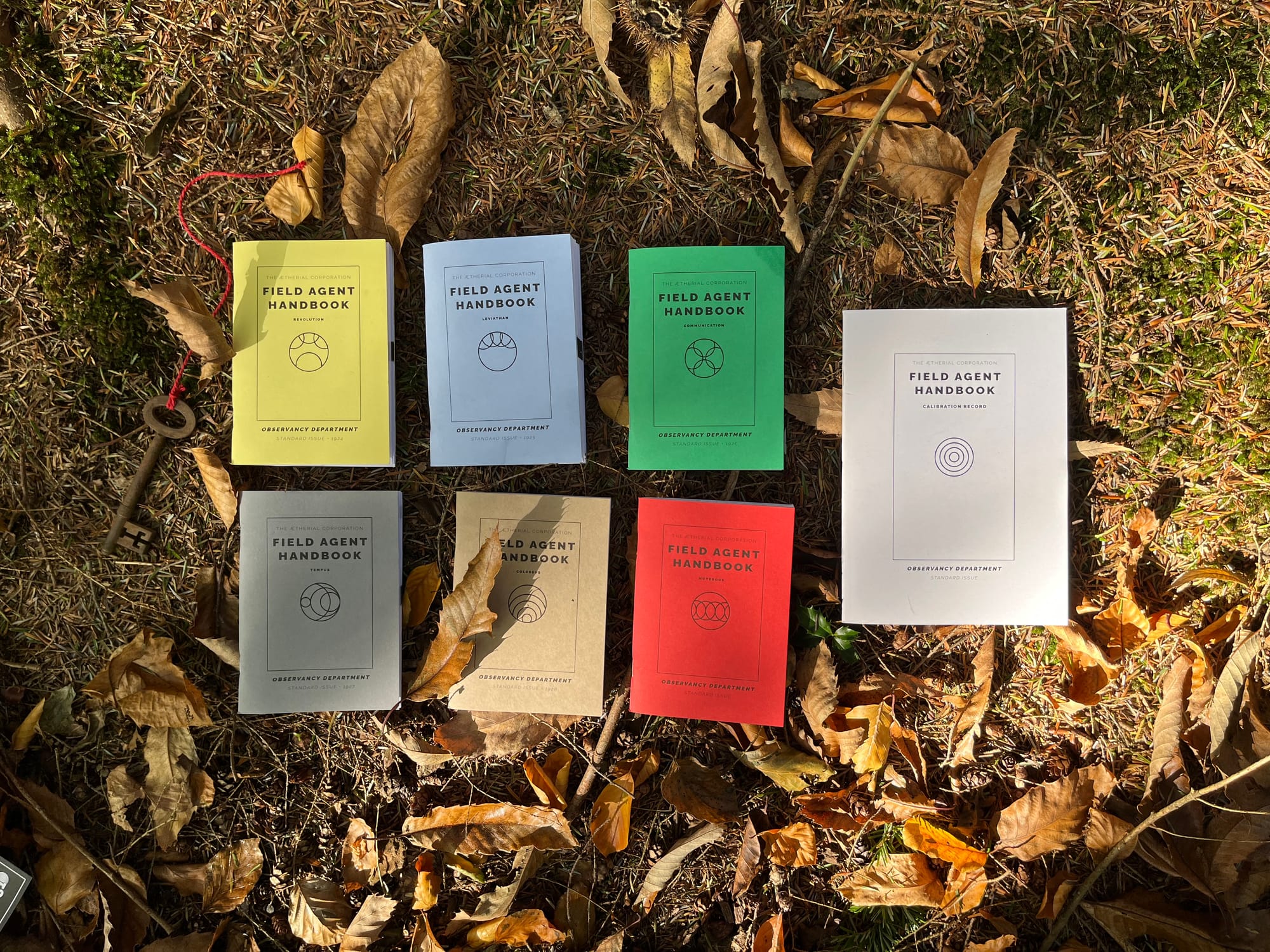 The same zines as in the first picture with the addition of a red one and a large white one lying on the first floor