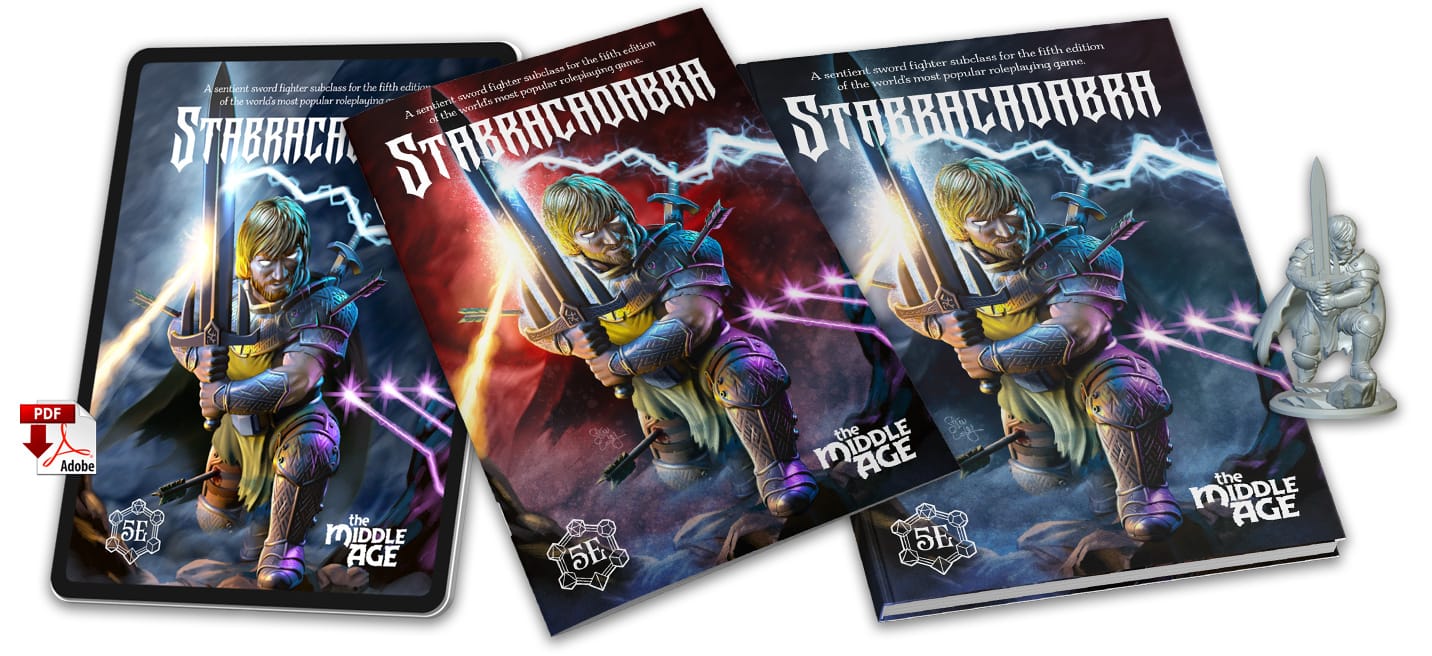 Mockups of the iPad, Zine, and Hardcover versions of Stabracadabra and the tabletop miniature.