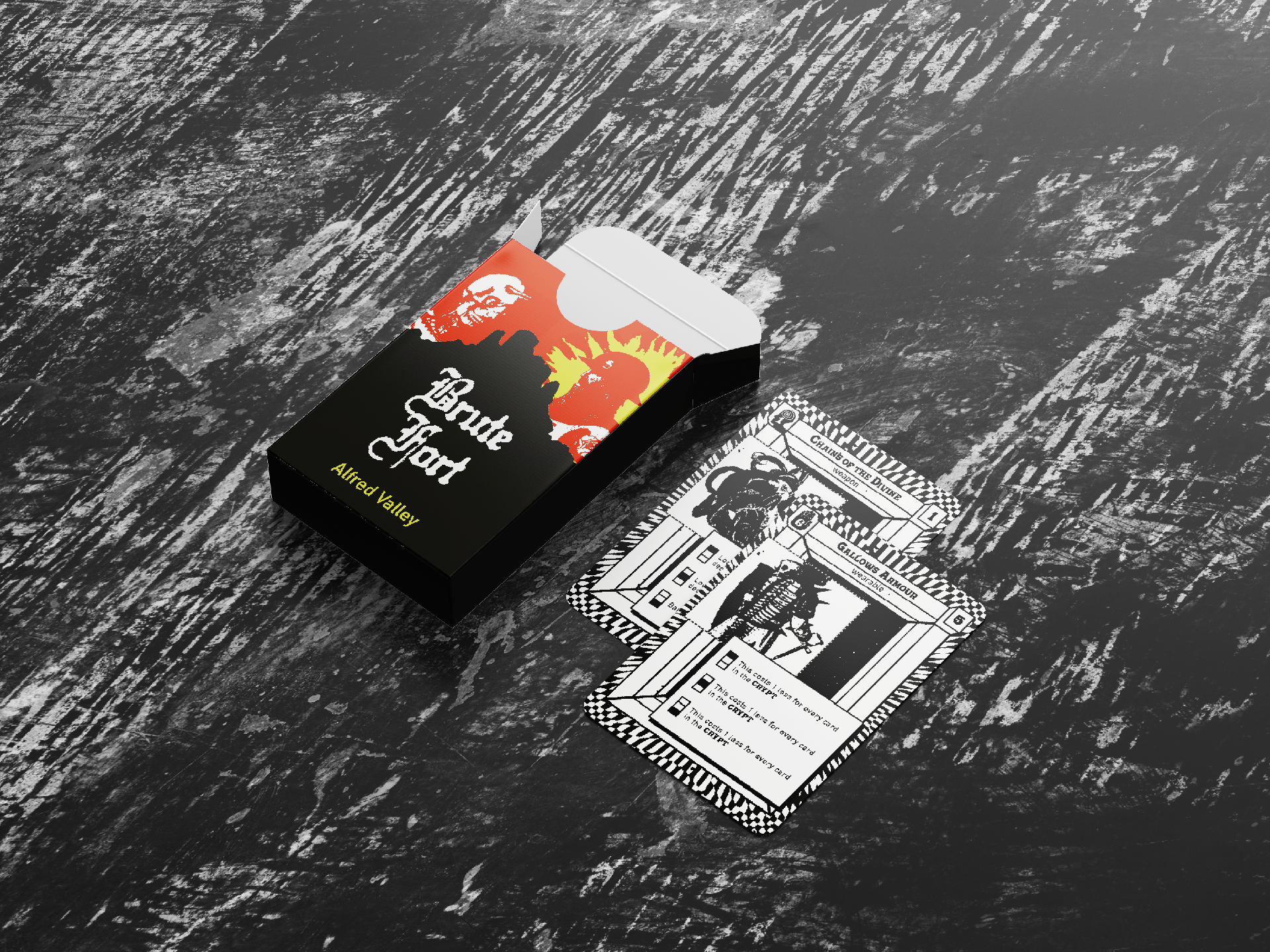 mock up image of Brute Fort tuck box and 2 example cards