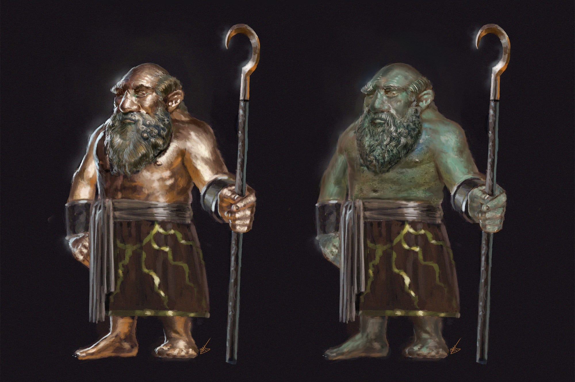 Metal dwarves. One is young, bronze and polished - the other is green from the patina of age. Resembling stoic metal statues.