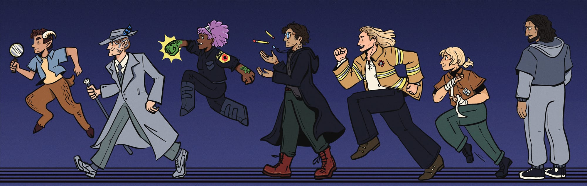 Cartoon style: A satyr, man with a cane, a woman punching, a man levitating pencils, a firefighter, a woman with fist-wraps, and a sad man