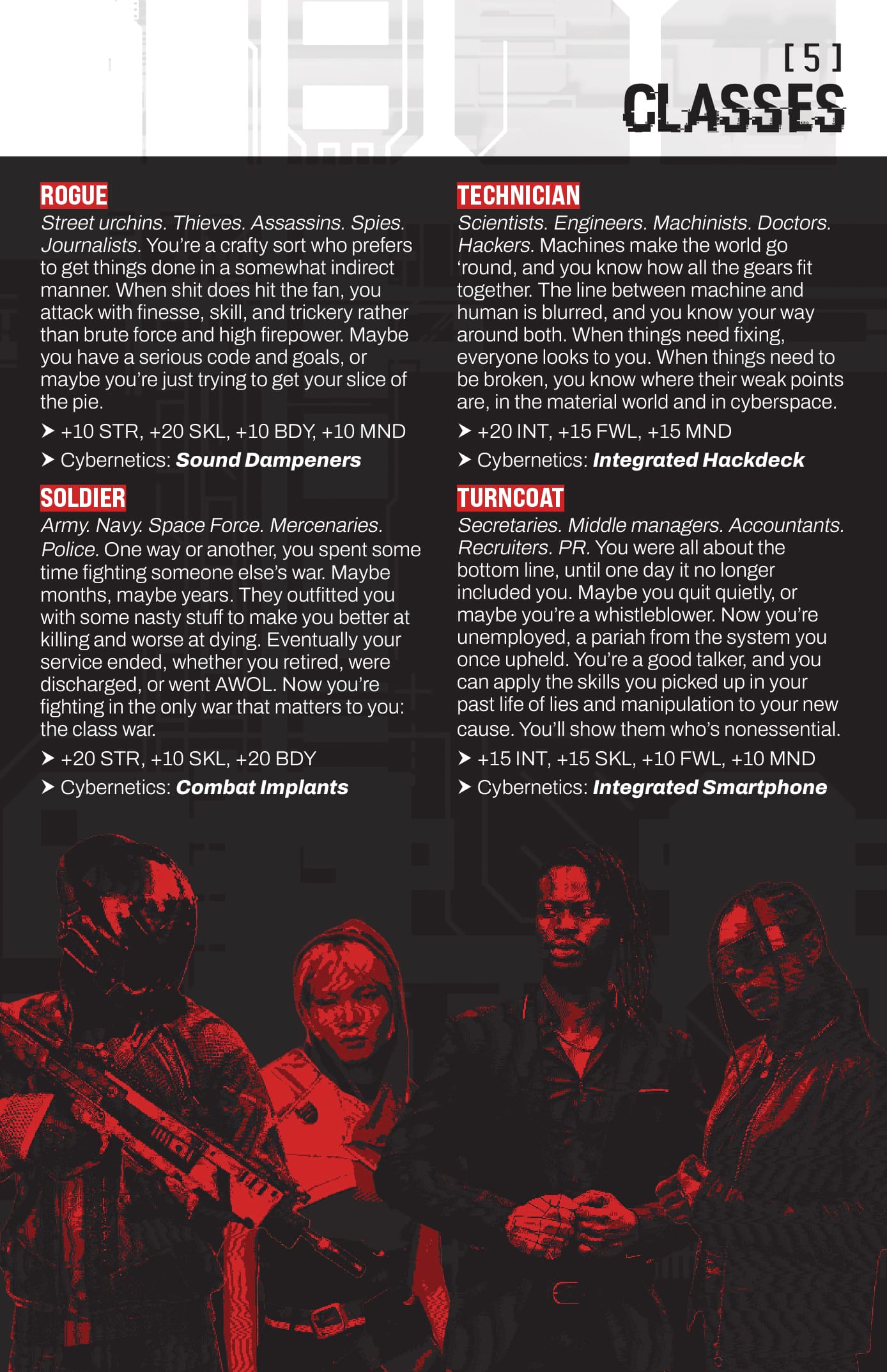 Page 5 of the rulebook, showing off the game's four classes: Rogue, Soldier, Technician, and Turncoat.
