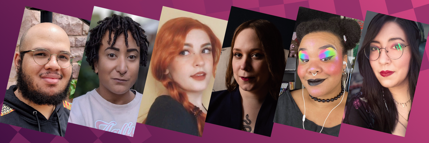 Line up of six cast headshots. From left to right: Logan, Bee, Kit, Anna Maeve, Candace, and Taylor.