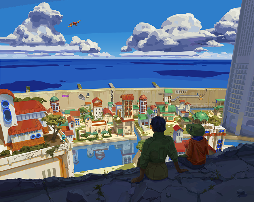 Two teenagers (one is a frog) look across a ruined city.