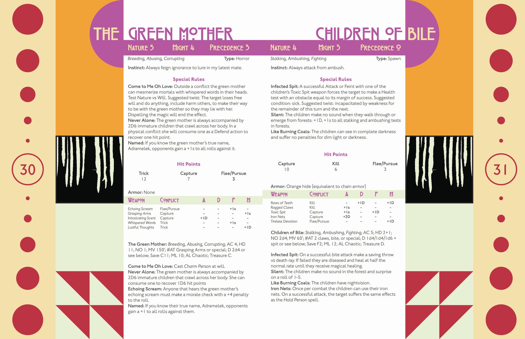 A two page spread of Yggdrasil magazine featuring what monster entries look like