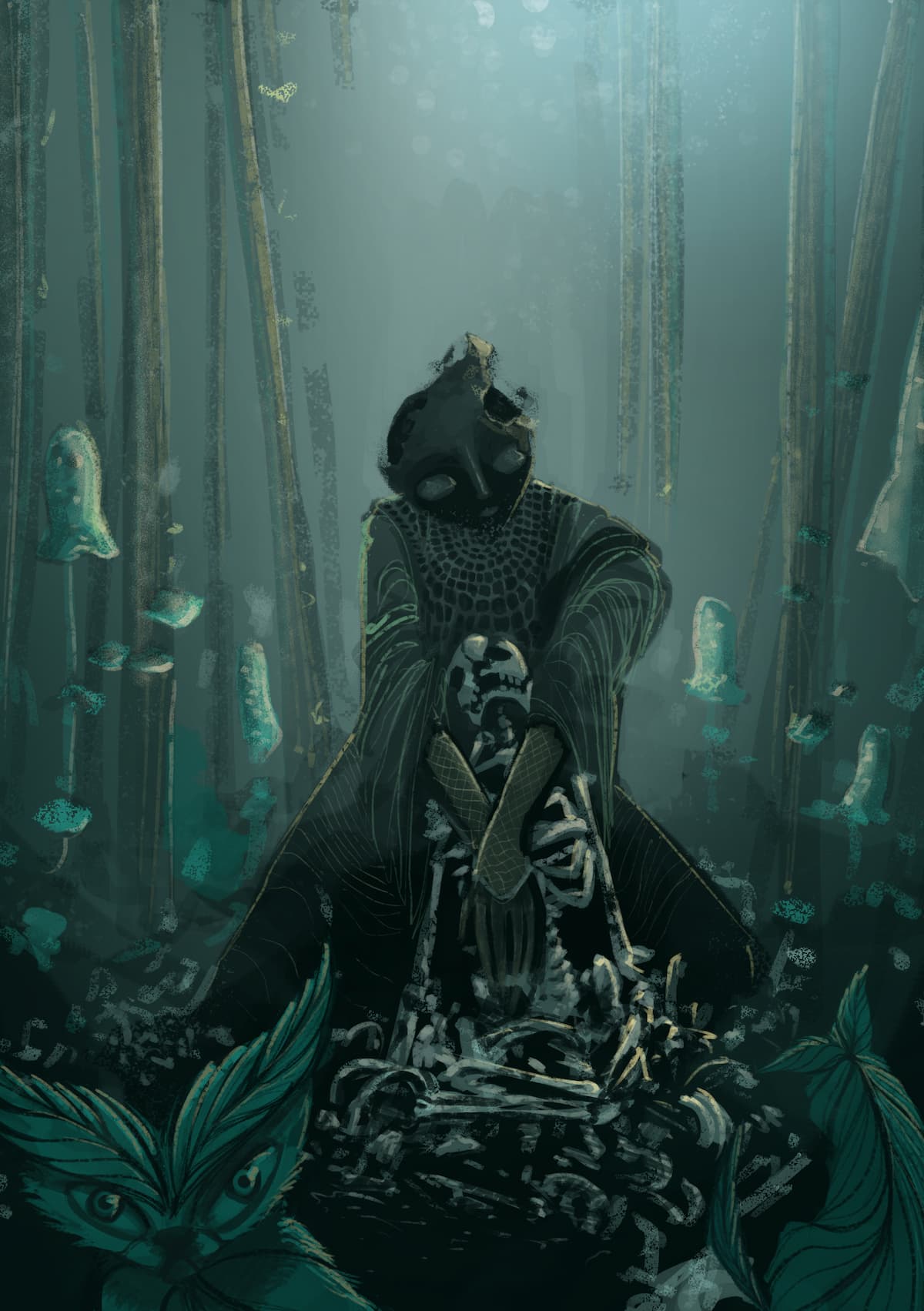 Cover to Sisterhood of the Splintered Bone, a baleful spirit clutching some bones