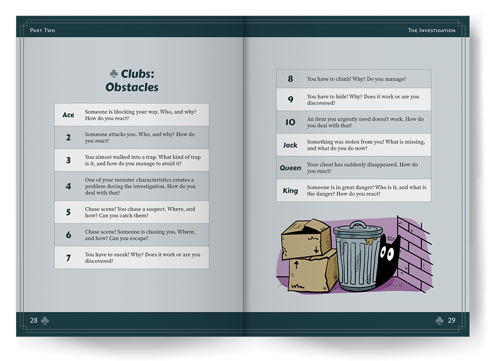 Mock-up spread showing the "Obstacles" table with a drawing of a monster hiding behind a trash can.
