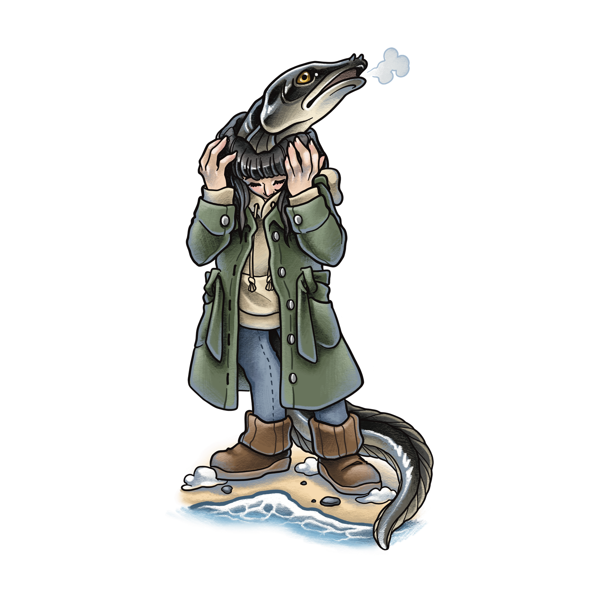 Illustration of a woman with an eel coming out of her head and from beneath her trenchcoat.