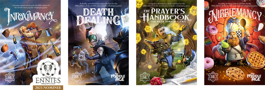 The covers of 5E zines written and illustrated by Steve Conley including Intoximancy, Death Dealing, The Prayer's Handbook, and Nibblemancy.