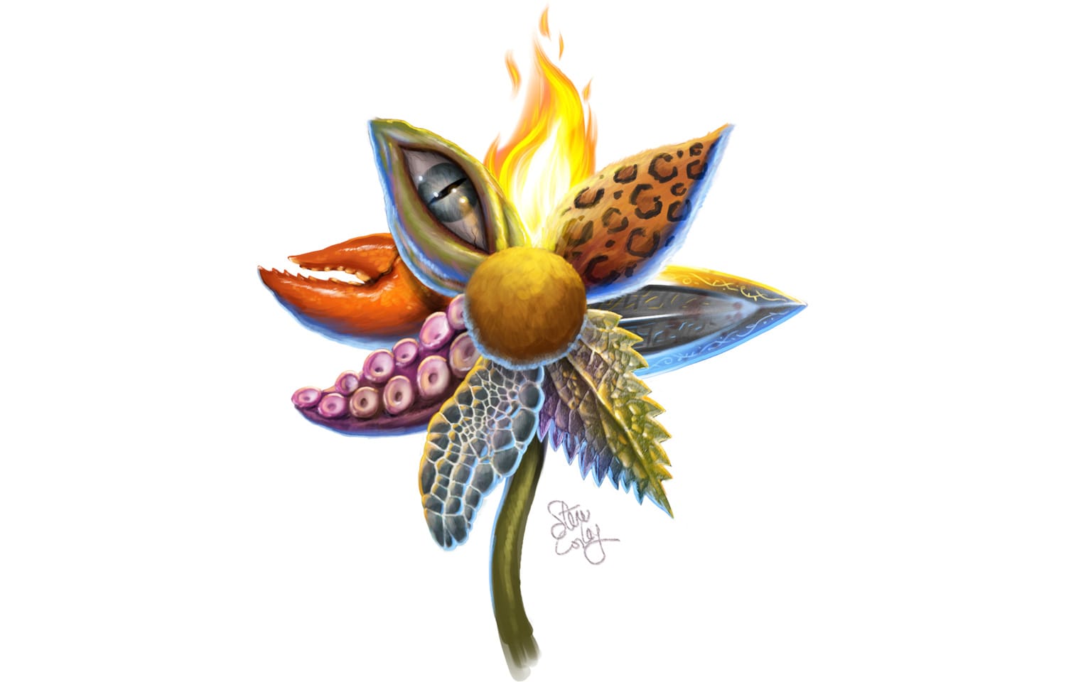 Illustration of a flower where each petal is part of a different creature or element.