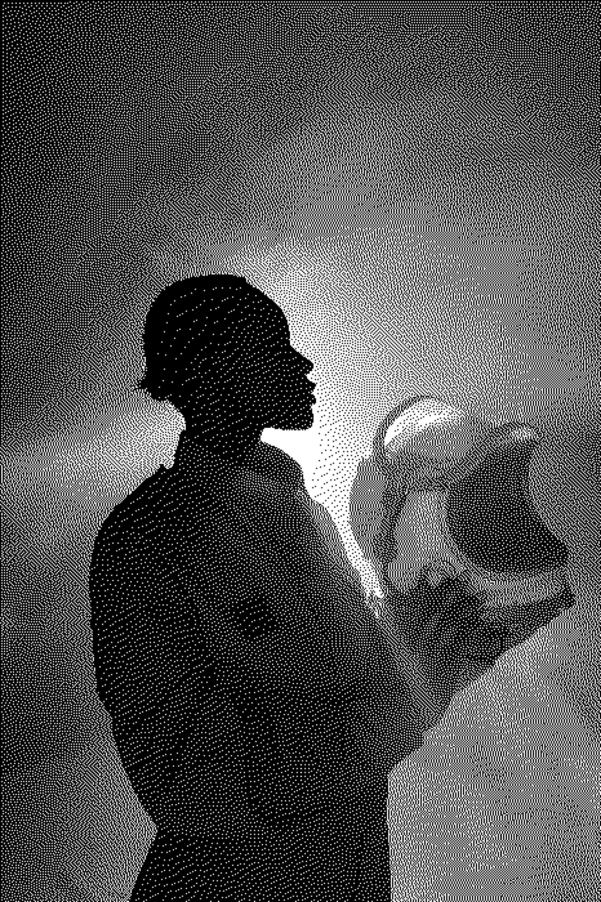 A dithered picture of someone in profile facing right, in a spacesuit with its helmet off.