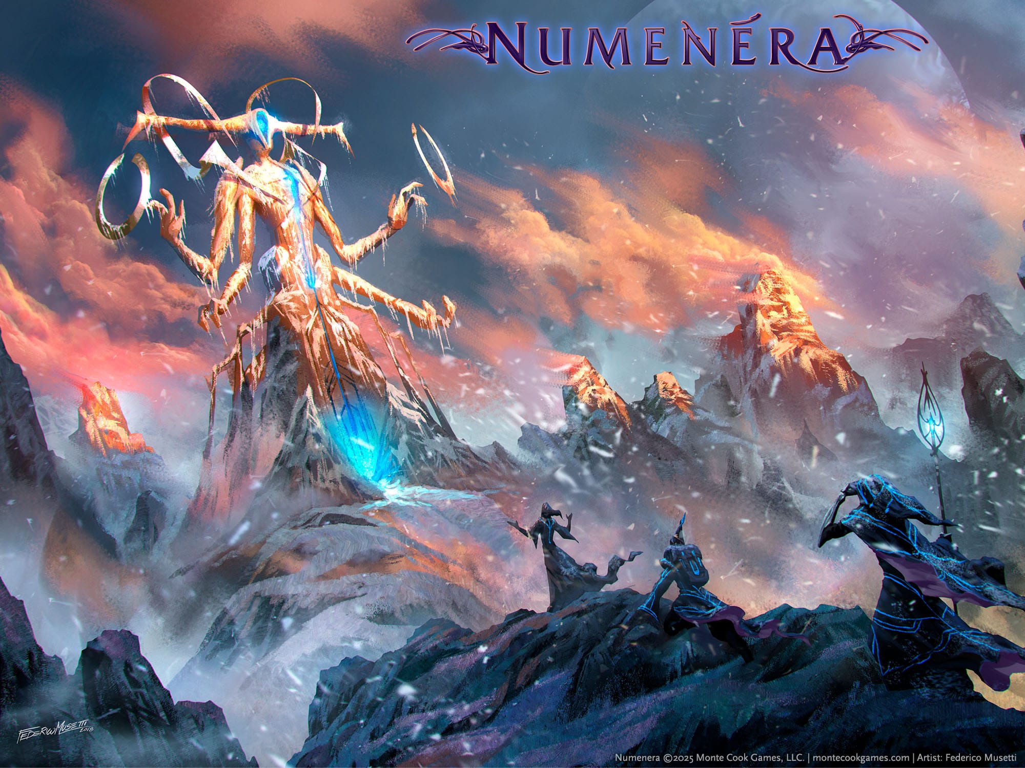 Pilgrims, outlined in neon lit robes, brave the wind swept peaks to visit an ancient shrine of their multi-limbed deity