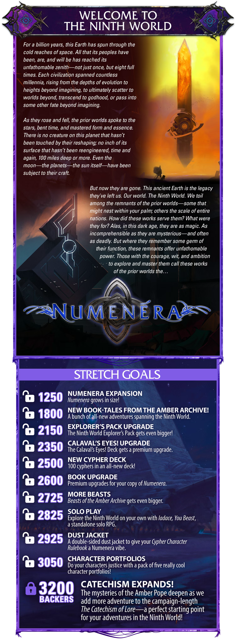 Header: Welcome to the Ninth World. Body copy: For a billion years, this Earth has spun through the cold reaches of space. All that its peoples have been, are, and will be has reached its unfathomable zenith—not just once, but eight full times. Each civilization spanned countless millennia, rising from the depths of evolution to heights beyond imagining, to ultimately scatter to worlds beyond, transcend to godhood, or pass into some other fate beyond imagining. As they rose and fell, the prior worlds spoke to the stars, bent time, and mastered form and essence. There is no creature on this planet that hasn’t been touched by their reshaping; no inch of its surface that hasn’t been reengineered, time and again, 100 miles deep or more. Even the moon—the planets—the sun itself—have been subject to their craft. But now they are gone. This ancient Earth is the legacy they've left us. Our world. The Ninth World. We toil among the remnants of the prior worlds—some that might nest within your palm; others the scale of entire nations. How did these works serve them? What were they for? Alas, in this dark age, they are as magic. As incomprehensible as they are mysterious—and often as deadly. But where they remember some germ of their function, these remnants offer unfathomable power. Those with the courage, wit, and ambition to explore and master them call these works of the prior worlds the… Numenera. Art shows the Amber Monolith as well as a cool building, plus the Numenera logo over the Order of Truth symbol. STRETCH GOALS UNLOCKED: 1250 backers: Numenera Expansion: Numenera grows in size! 1800 Backers: New book—Tales from the Amber Archive. A bunch of all-new adventures spanning the Ninth World! 2150 Backers: Explorer's Pack Upgrade. The Ninth World Explorer's Pack gets even bigger! 2350 Calaval's Eyes! Upgrade. The Calaval’s Eyes! Deck gets a production upgrade with premium features. 2500: New Cypher Deck. 100 cyphers in an all-new deck! 2600: Book Upgrade. Premium upgrades for your copy of Numenera. 2725: More Beasts! Beasts of the Amber Archive gets even bigger. 2825: Solo Play! Explore the Ninth World on your own with Iadace, You Beast, a standalone solo RPG. 2925: Cypher Dust Jacket! A double-sided dust jacket to give your Cypher Character Rulebook a Numenera vibe. 3050: Character Portfolios! Do your characters justice with a pack of five really cool character portfolios! LOCKED: 3200 BACKERS: CATECHISM EXPANDS! The mysteries of the Amber Pope deepen as we add more adventure to the campaign-length The Catechism of Lore—a perfect starting point for your adventures in the Ninth World!