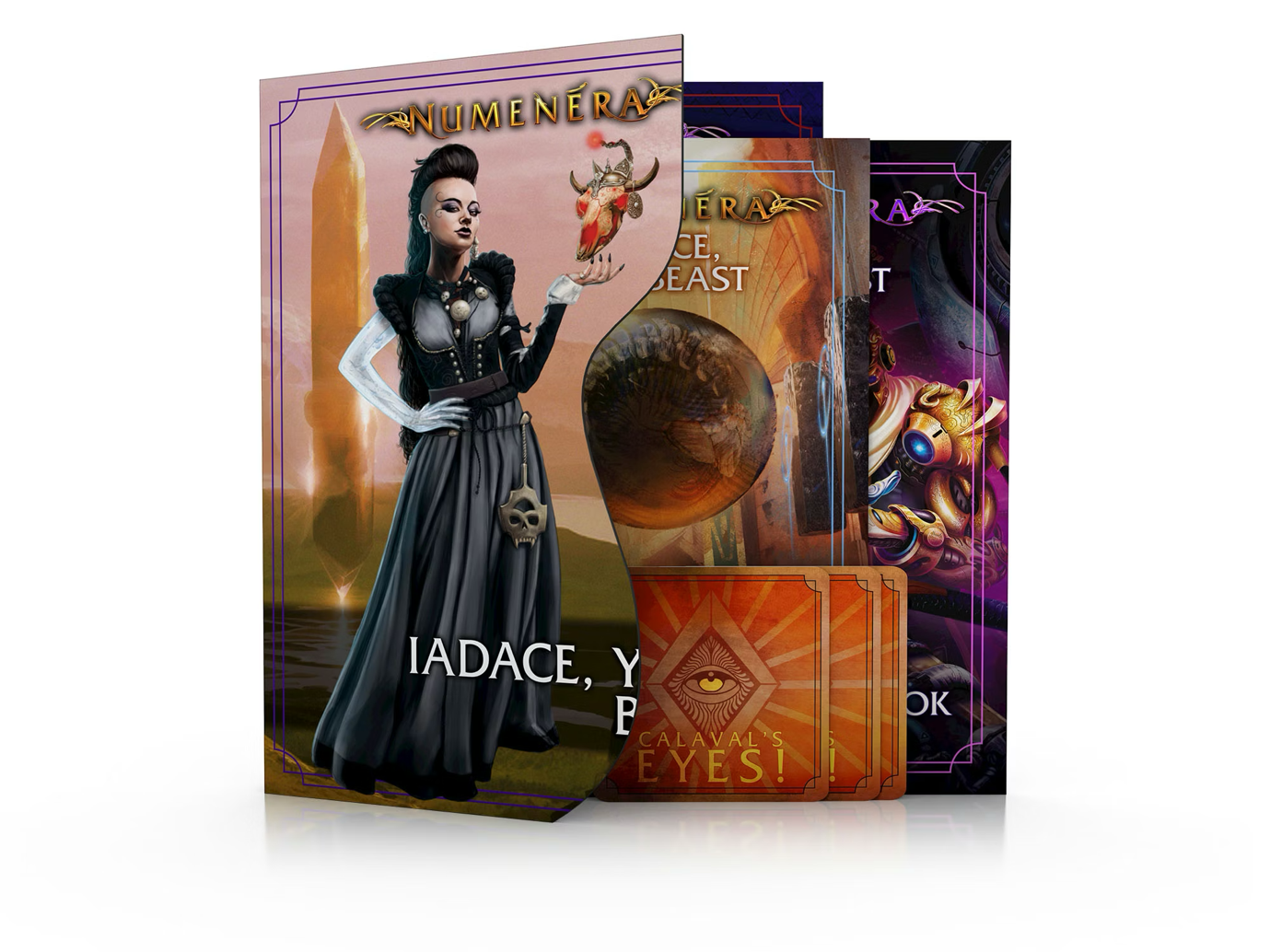 Illustration of the Numenera Solo Game showing cards, instructions and a mock up on the box