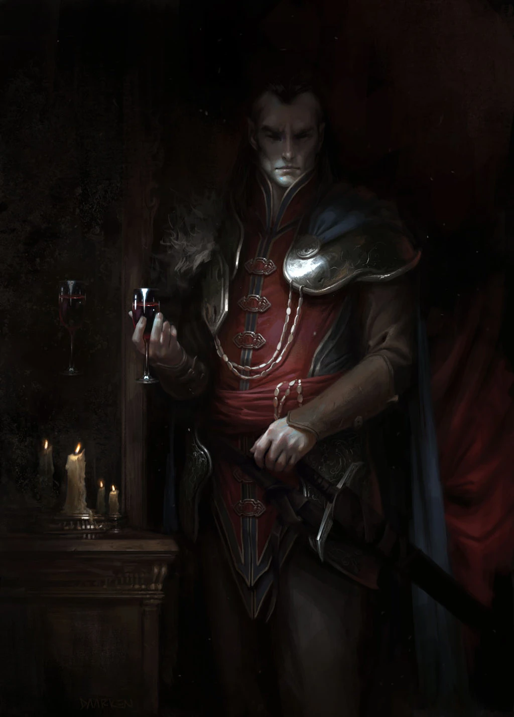 An illustration of the vampire Strahd, standing by a fancy mirror, holding a drink and looking cunty. The lad has range.