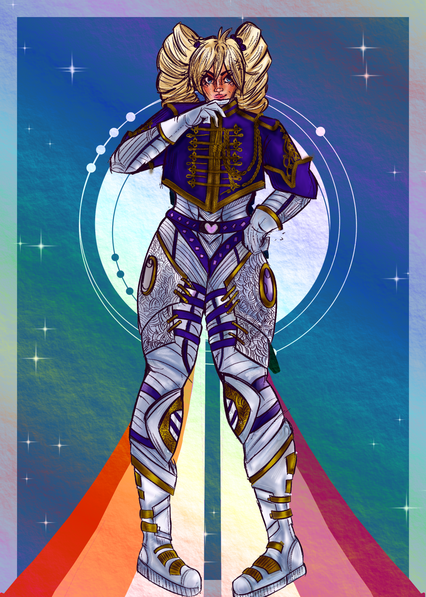 An illustration of a blonde woman with drill tails, dressed in an elaborate white, purple and gold pilot suit. The poster background has a blue sky with stars, and a large central 'swoosh' in lesbian pride flag colours.