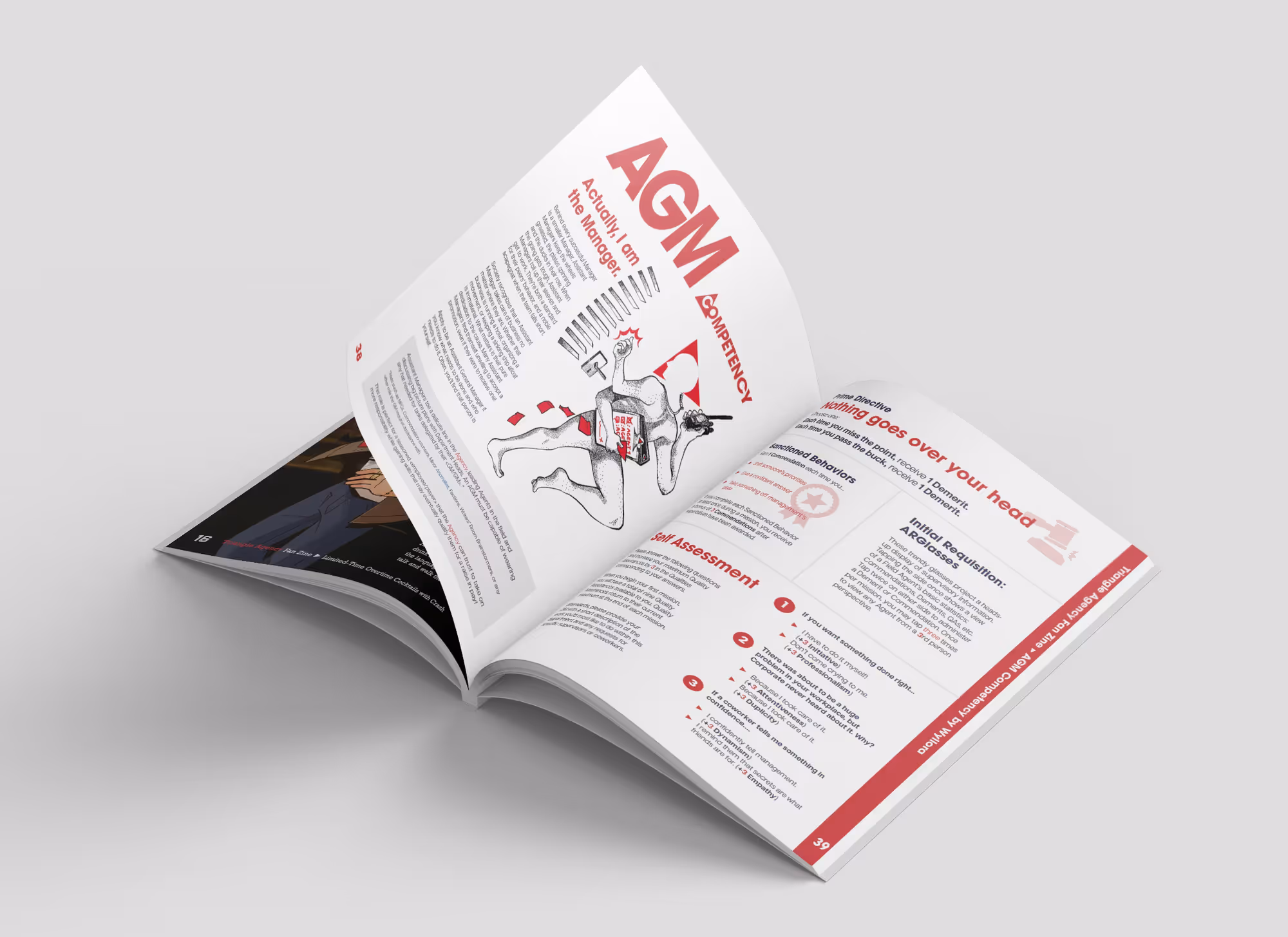 A mockup of the Triangle Agency Fanzine book showing pages turning. It displays the Assistant General Manager competency page, with a hint of Crash's Cocktails behind it.
