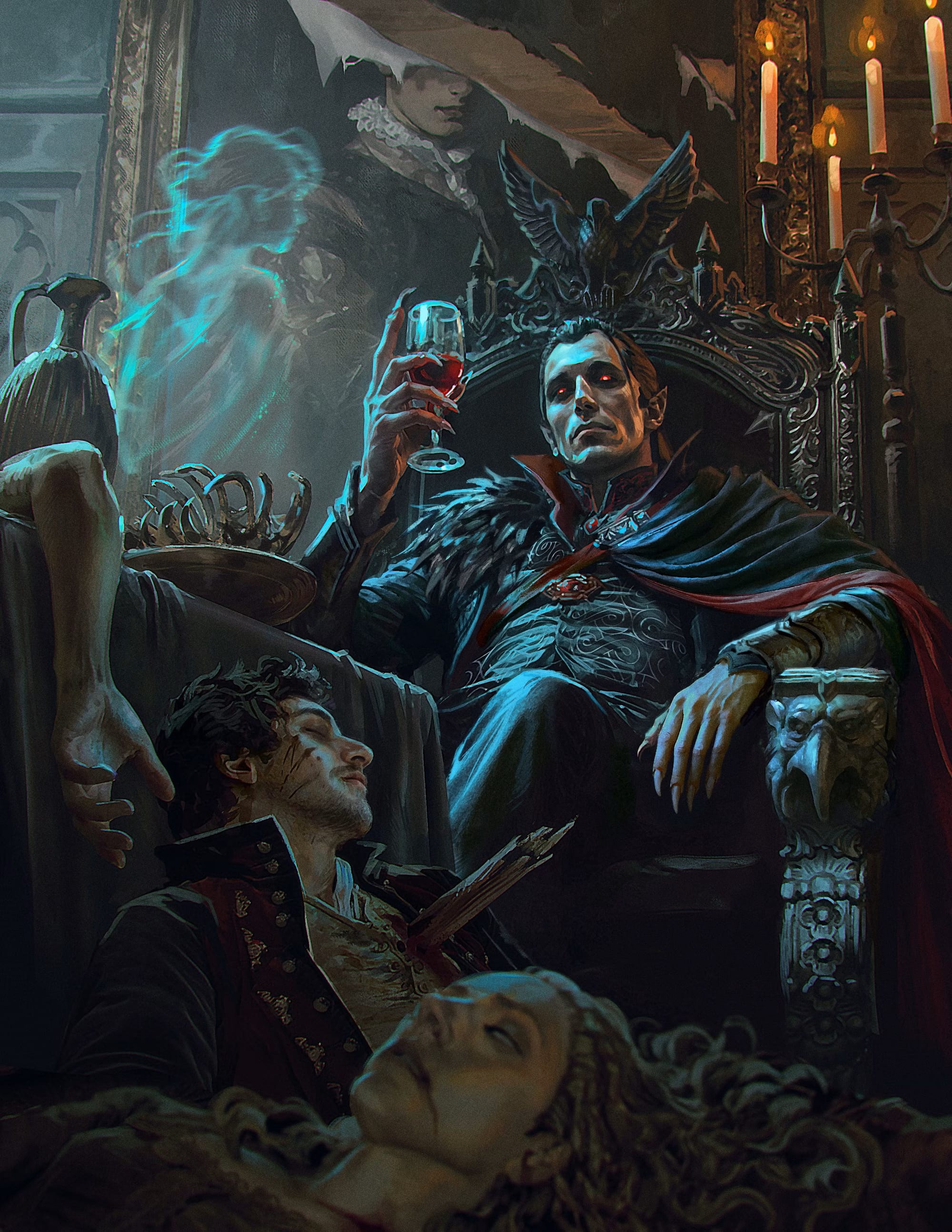 An illustration of the vampire Strahd, sitting on a fancy chair, holding a drink and looking cunty. I promise you it's a different image.