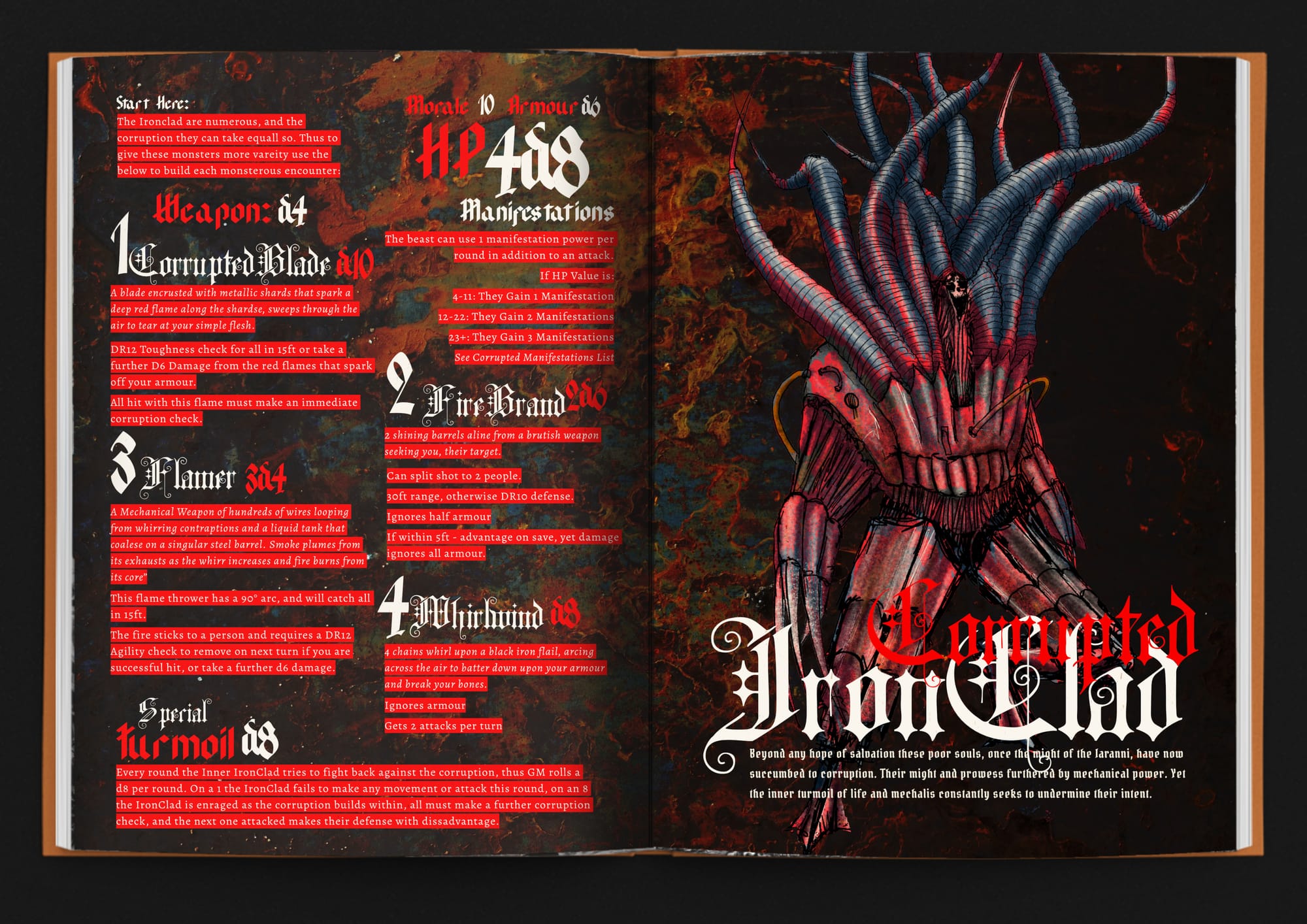 A Wraithborn spread showing a monster, a corrupted ironclad.