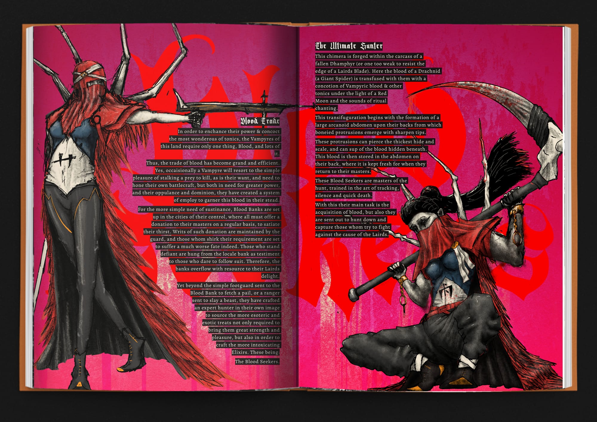 A Wraithborn spread including illustrations of two Blood Seekers, feminine looking humanoid figures with spider limbs emerging from their backs.