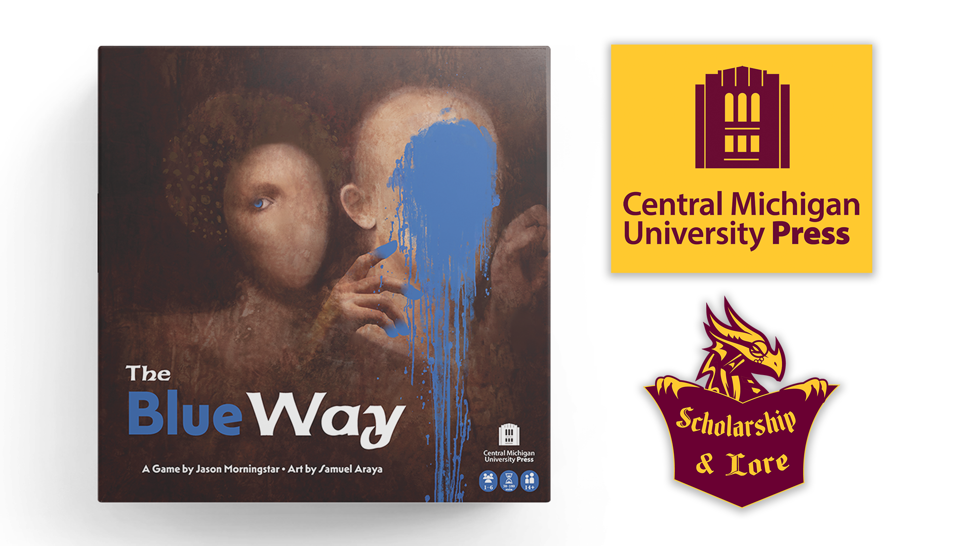 The box for The Blue Way is positioned next to the logo for Central Michigan University Press and a smaller logo for the Scholarship and Lore series.