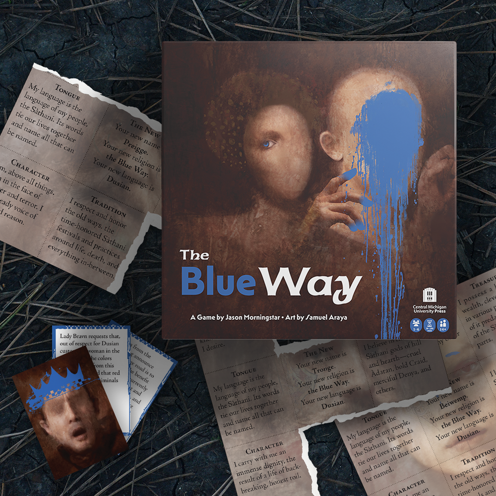 The Blue Way box shows a portrait of one featureless figure using their fingers to paint blue over a forward-facing figure's head. It lies on a background of ripped character sheets, cards, and dark, pine-needle covered ground.