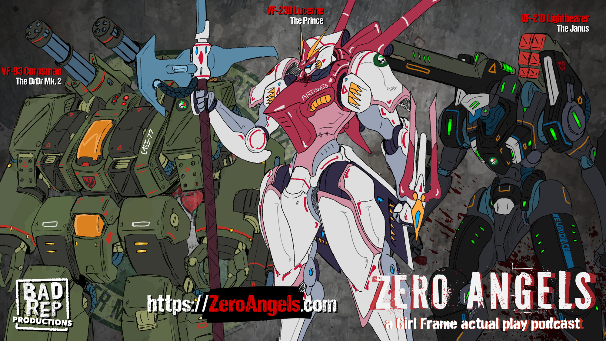 The main Frame lineup of the Zero Angels Girl Frame actual play podcast  From left-to-right: VF-93 Corpsman (the DoctorDoctor Mk. 2) VF-230 Lucerne (the Prince) VF-210 Lightbearer (the Janus)