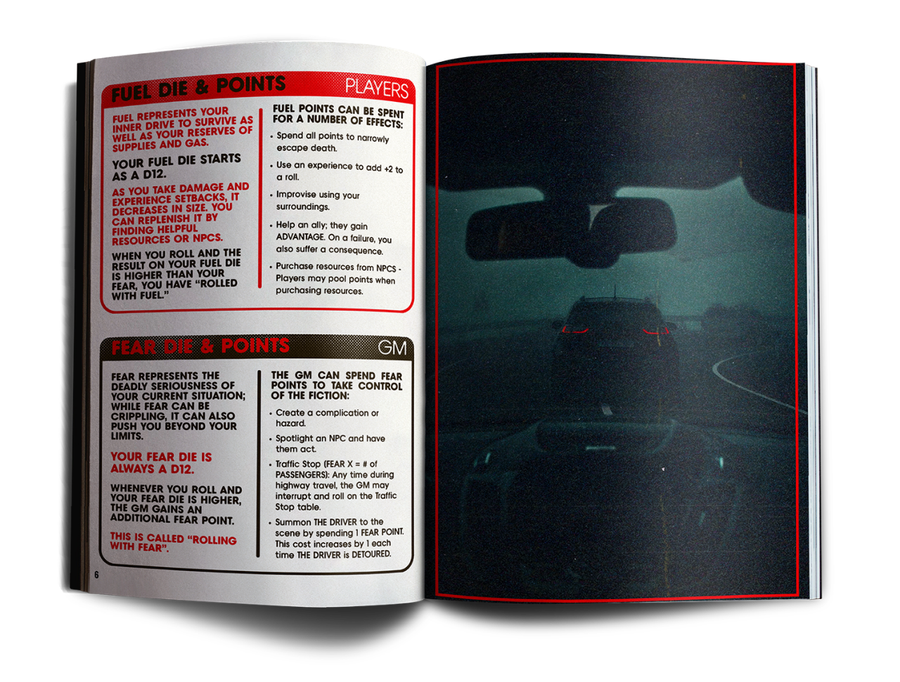 Interior spread. Headers read Fuel Die & Points Players, and Fear Die & Points GM. Image on right of a car through a windshield of another.