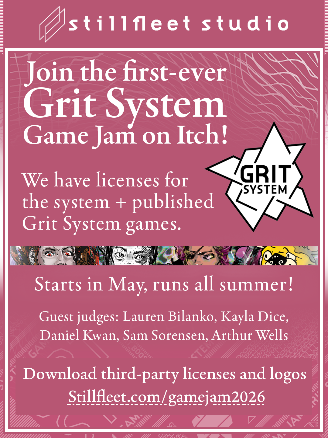 A graphic with key details about the Grit System Game Jam 2026, including the judges.
