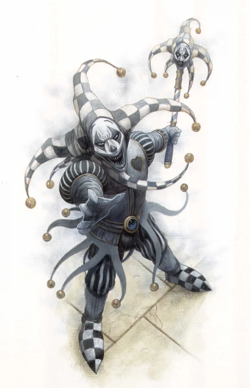 The Grey Jester, one of the new monsters in Heroes of Horror. The name pretty much describes the image. Also RIP Wayne England, one of the greats.