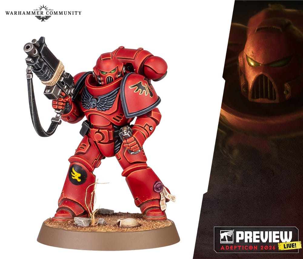 A photo of a space marine miniature. If you're a space marine knower, He's a Blood Angels Intercessor with a Mk 7 helmet. If you're not, he's red and he has an old hat.