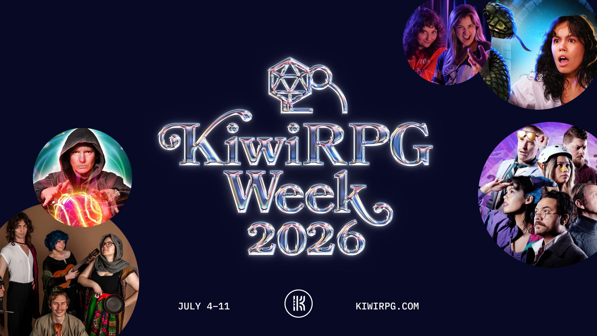 A title card saying 'KiwiRPG week 2026'. The smaller text says July 4-11 and KiwiRPG.com.  Around the edges are several bubbles with covers from various kiwi streamers and shows..