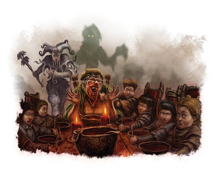 A dinner scene featuring a hag, a Grey Jester and some creepy children. It's horror, gotta have some creepy kids!