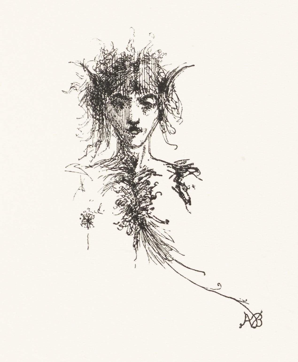 An ink drawing of a faun in scratchy pen, the chest hair descending to form the illustrator's initials "AB"