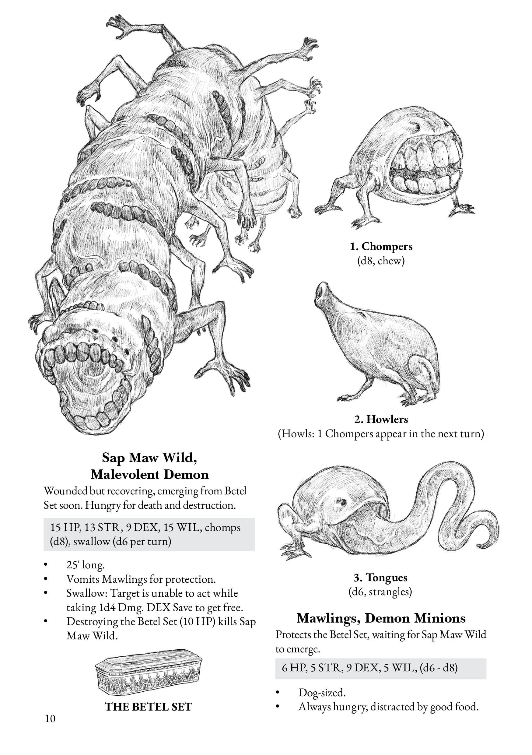 Page from "What Happened to the Silver Spoon Boys?". This page is the page of monsters. A large eel-like demon with lots of teeth and human hands. Its henchmen are mawlings, dog-sized creatures with really large mouths. The big demon stays in a betel set.