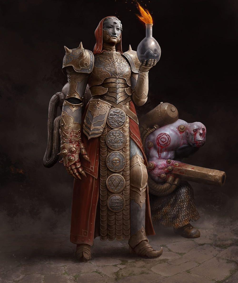A figure in ceremonial red and gold armor and facemask holds a burning flask. A bloody creature with guns for hands skulks by their side.