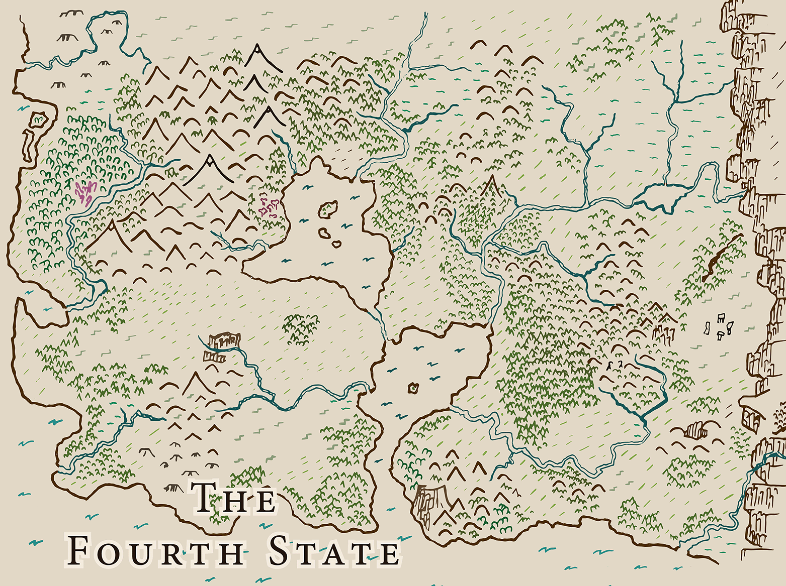 a sepia color-highlighted hand-drawn map of the Fourth State featuring forested regions, cliffs, plains, mountains, and large inland bodies of water, flanked in the west and south by the sea