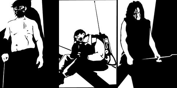 A triptich of black and white characters; a shirtless man with a spiked mask, a slumped figure with a techy backpack, and a person holding a gun or a guitar.