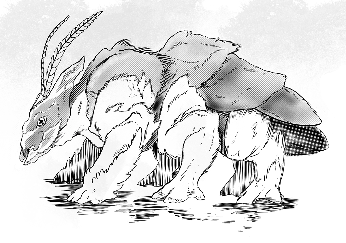 a large six-legged animal with a fuzzy exoskeleton, long feather-like antennae, and subtly back-folded forelimbs; line-art
