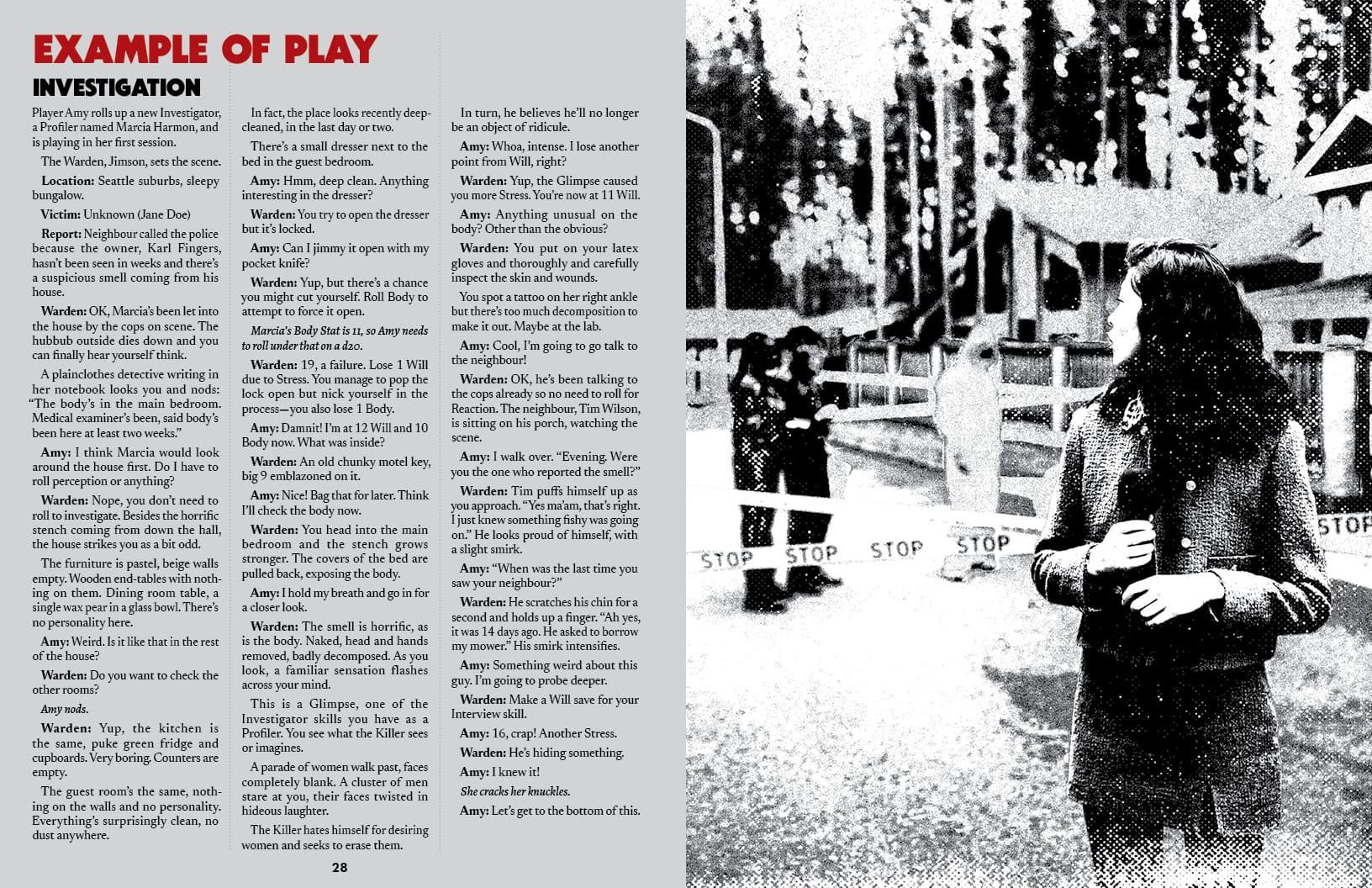 Two page spread: Example of Play, Investigation. Black and white illustration of a reporter looking back at a crime scene.