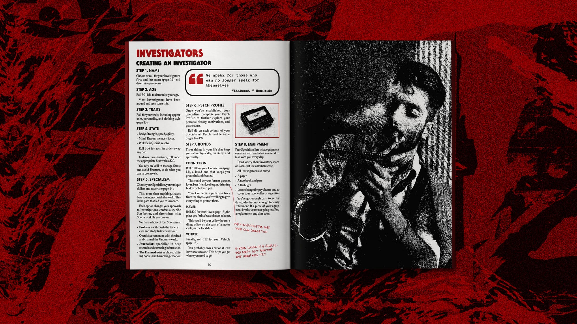 Two page spread from Midnight of the Century, showing how to create an Investigator with a black and white image of an Investigator smoking and staring at a film slice.