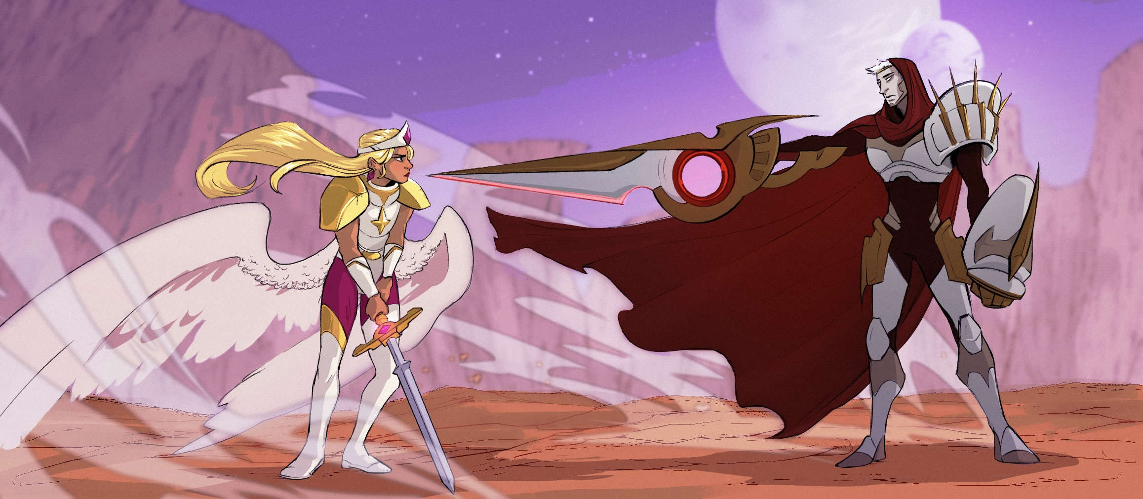 A battle-weary Seraph, her wings and sword down but expression defiant, faces of against a powerful agent of the Church of Unity. His sword is leveled at her face, glowing with energy. His face is resigned, as if he can't stand the thought of putting down a capable warrior who refuses to see the truth. Their battle rages in an alien landscape of wind-swept sand dunes, tall cliffs, and multiple moons looming in near orbit.