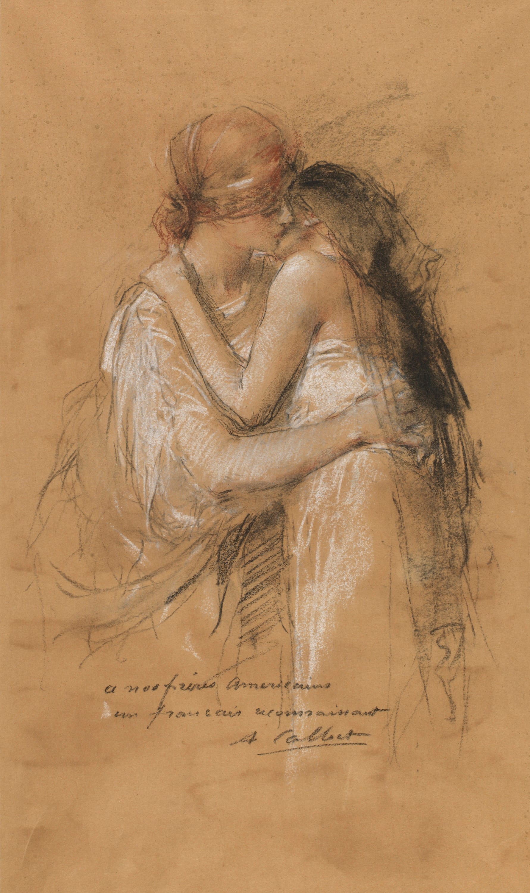 A crayon and charcoal sketch of two women greeting each other in a loving embrace. They kiss each other's cheek, and their hands grasp at each other.