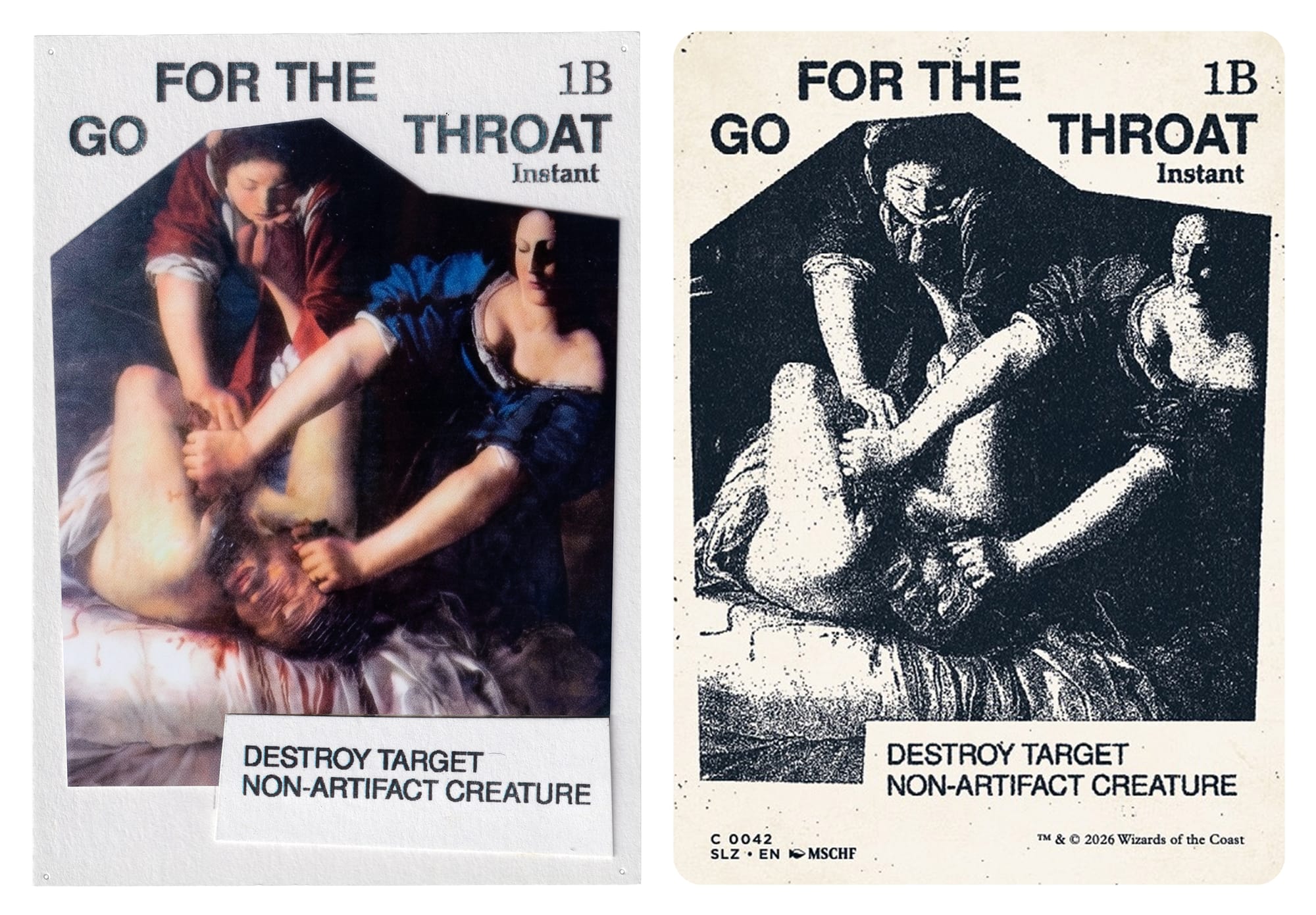 Two identical cards titled Go For The Throat, except the one on the right is photocopied in black and white.