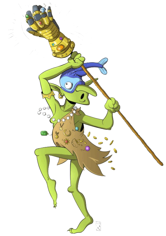 The illustration of a goblin wearing a pearl necklace, carrying a staff topped with a golden jeweled gauntlet. The goblin is wearing a brown skirt with gold jewelry pinned to it and is surrounded by falling gold coins.
