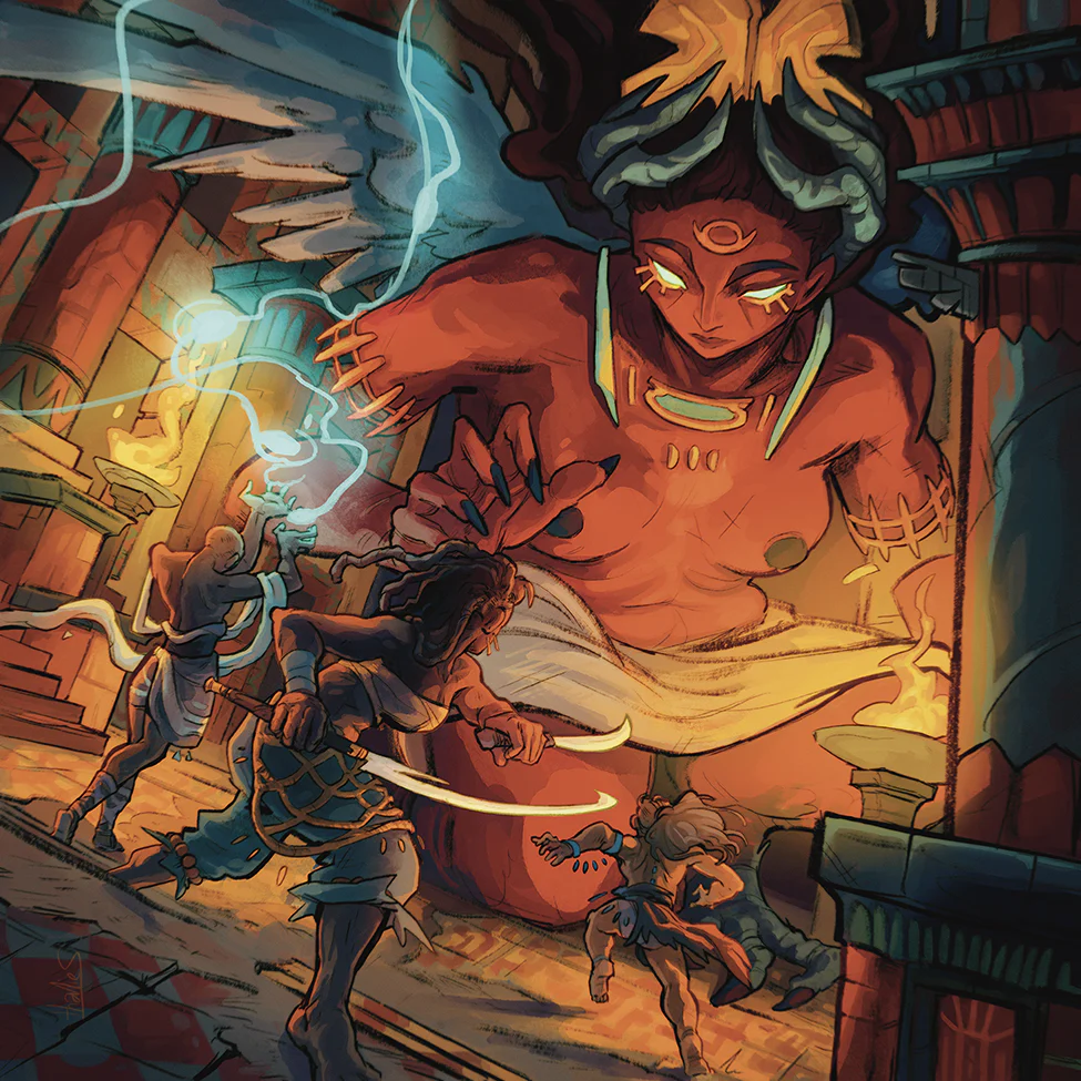 An action scene depicting a large winged hapry being attacked by three adventurers -- a sorcerer, a sailor and the wolfling. The Harpy is illuminated by blue light and orange fire, and the adventurers look very small under her glowing gaze.