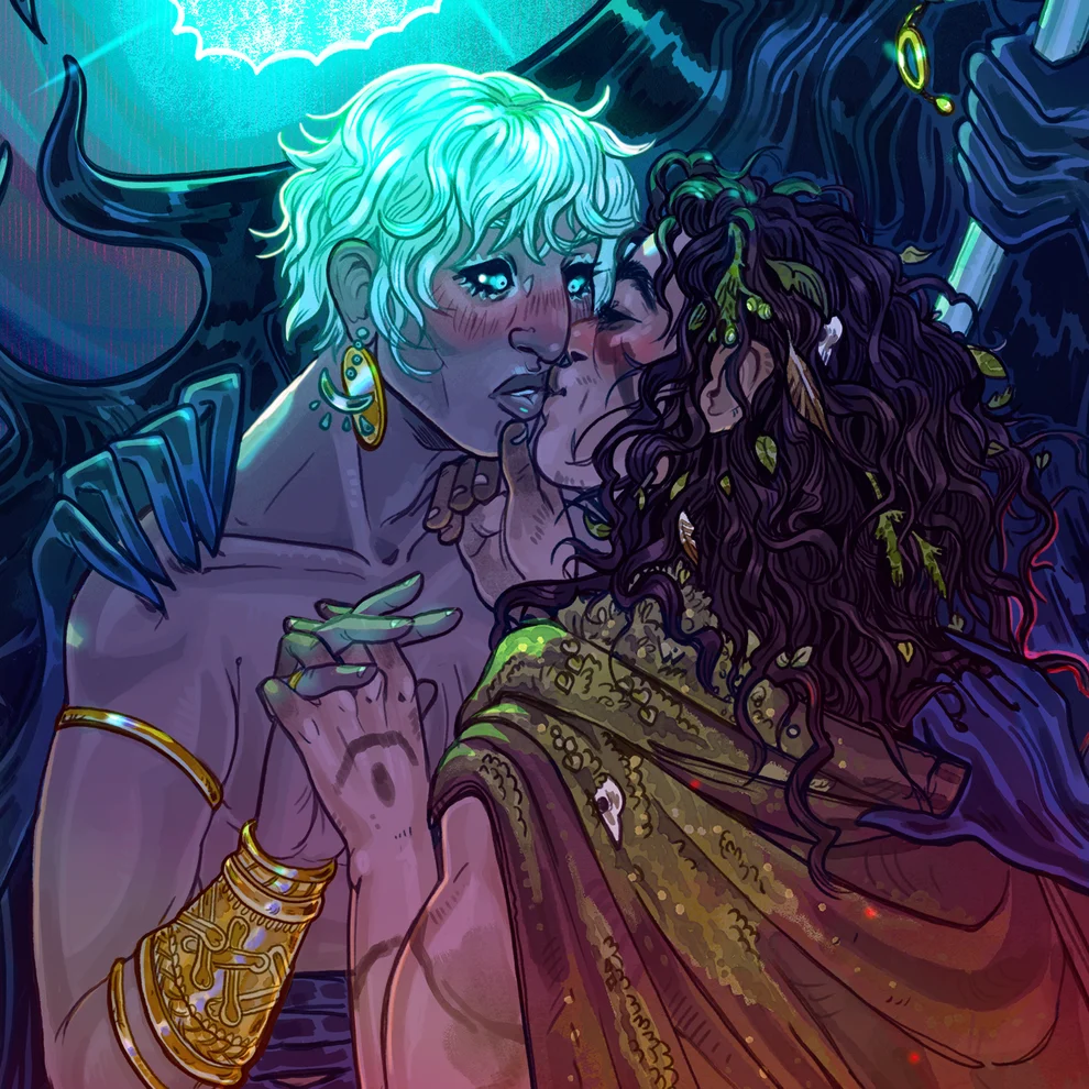 A moody scene between The Vessel, a white-haired person with masculine features and gold jewelry who has their patron god clutching his shoulder, even as he kisses another, a wild-haired person with tattoos. They are both blushing.