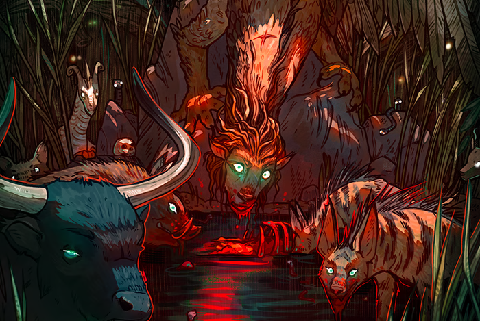An intense image of magical beasts at the scene of a kill in a marsh. They are all turned towards the viewer, their huge glowing white-green-blue eyes offset by the red lighting. There is a bull, hyenas, a boar, and a mythical sphynx chimera.